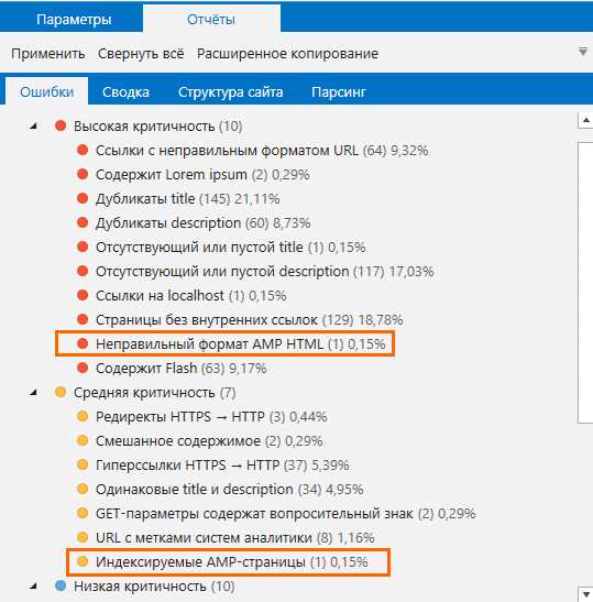 Причины провала проверки AMP-страниц